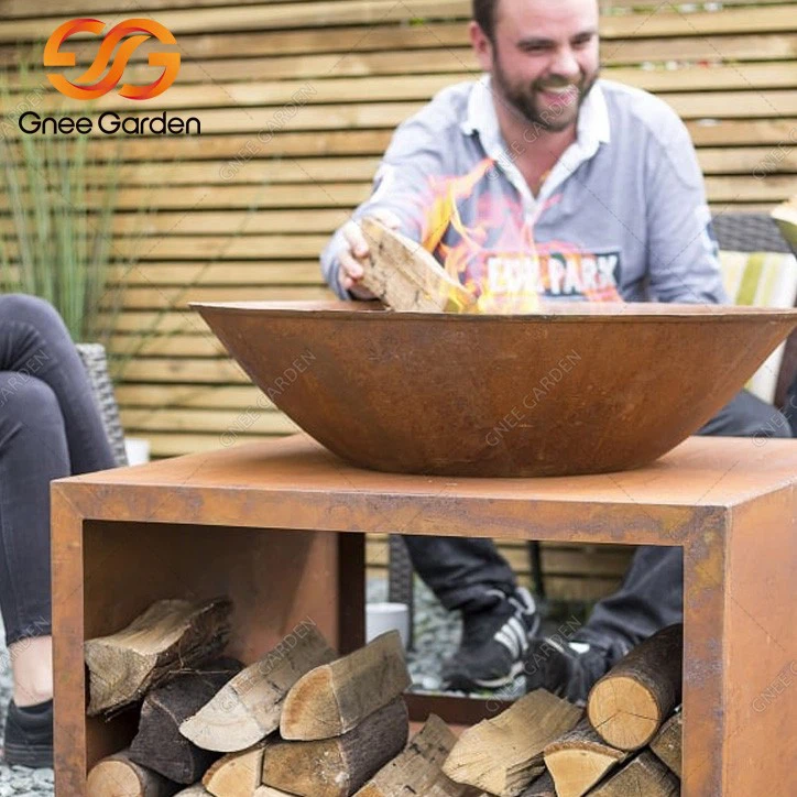 Corten Steel Metal Firepit and Firewood Storage4